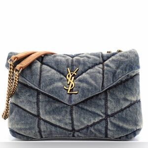 Denim Quilted Shoulder Bag with Gold Accents, New